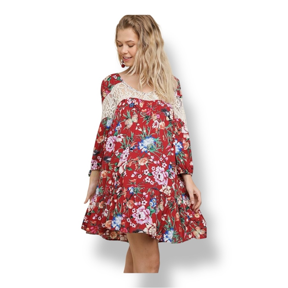 Umgee Women’s 3/4 Sleeve Lace Inset Bodice Babydoll Dress, Red, Size L
